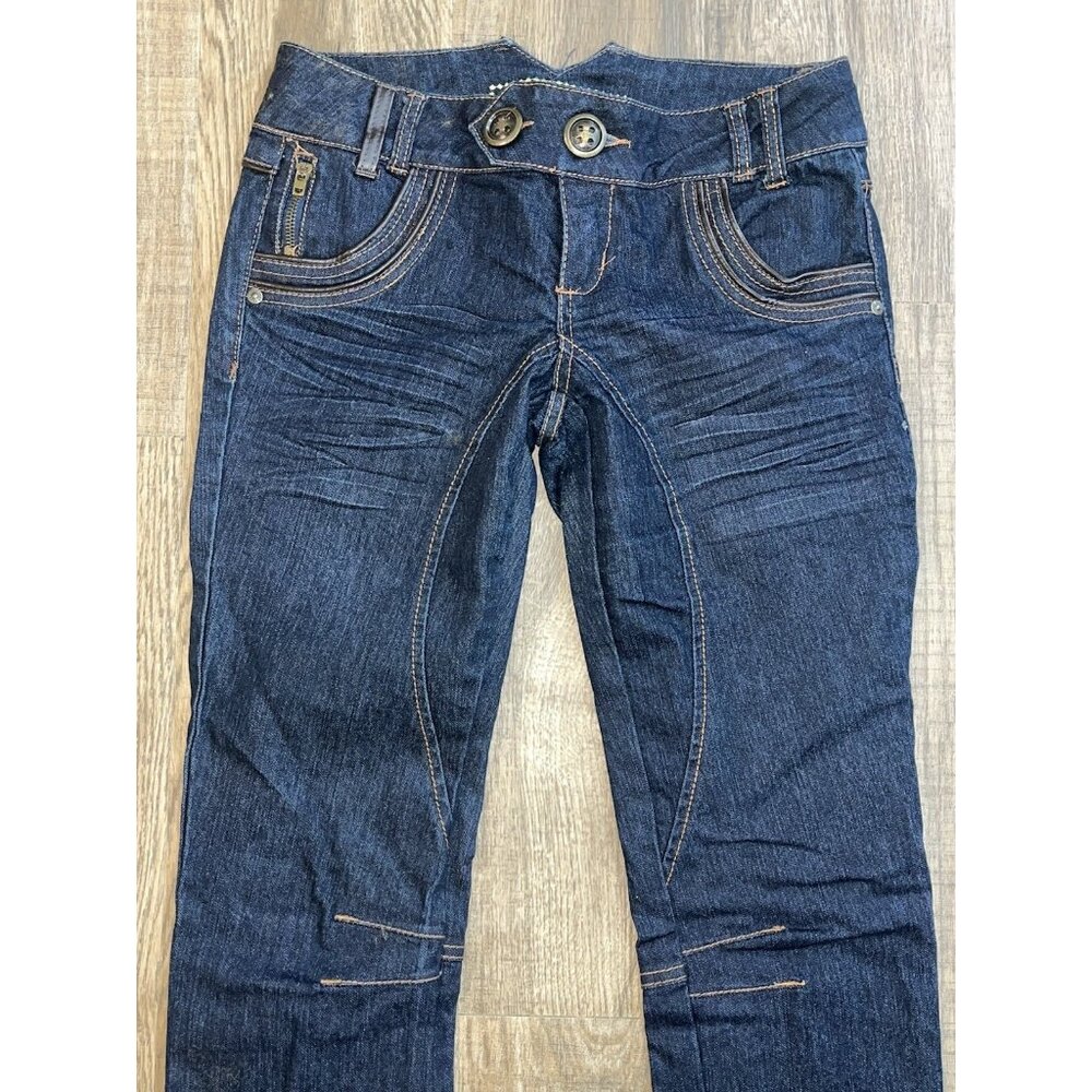 Denim Jeans 5/6 Straight Leg Dark Wash Leather Trim Stud Pockets Thick Stitching